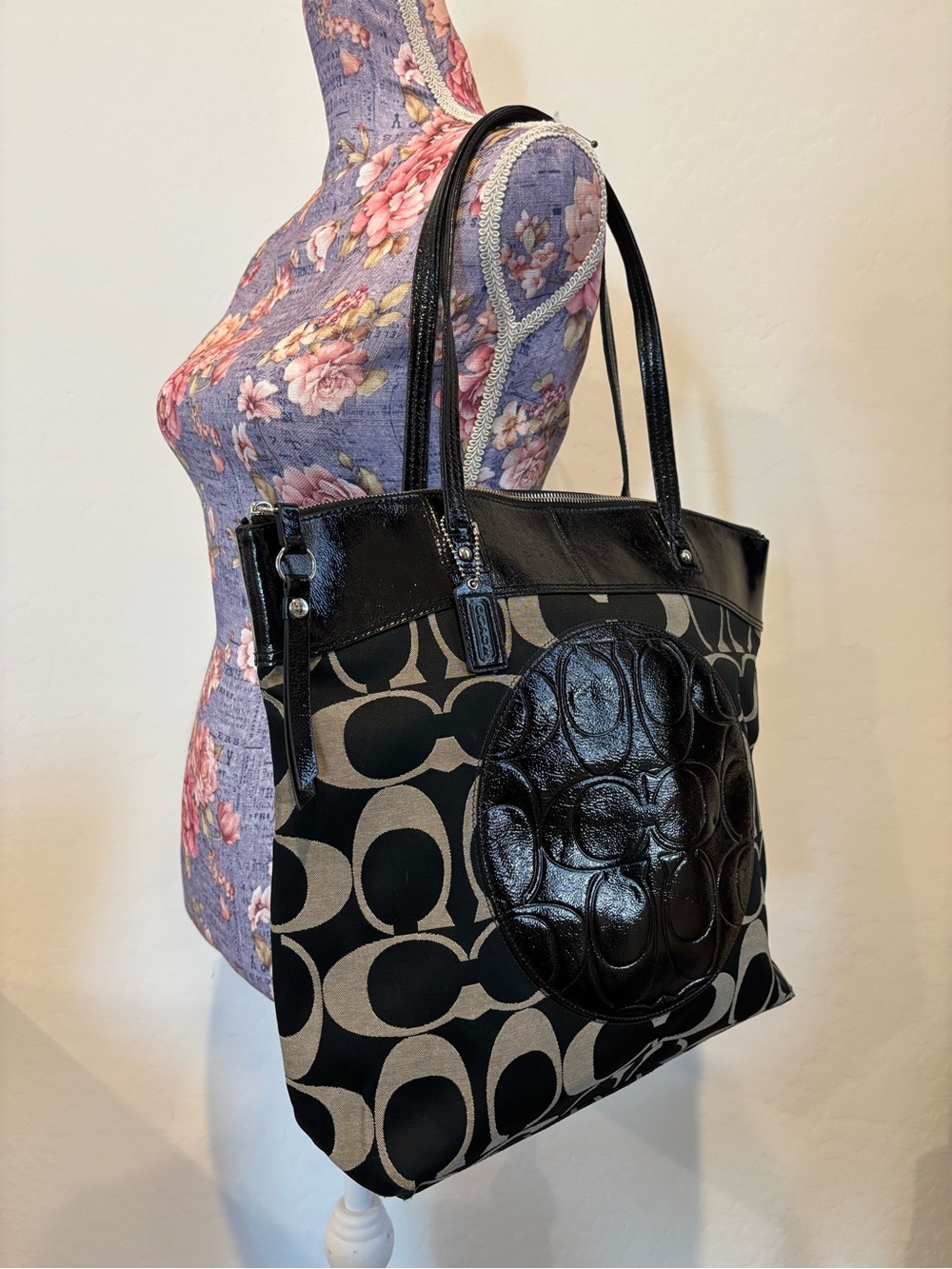 Coach Signature Laura shopper canvas & patent leather monogram tote bag
